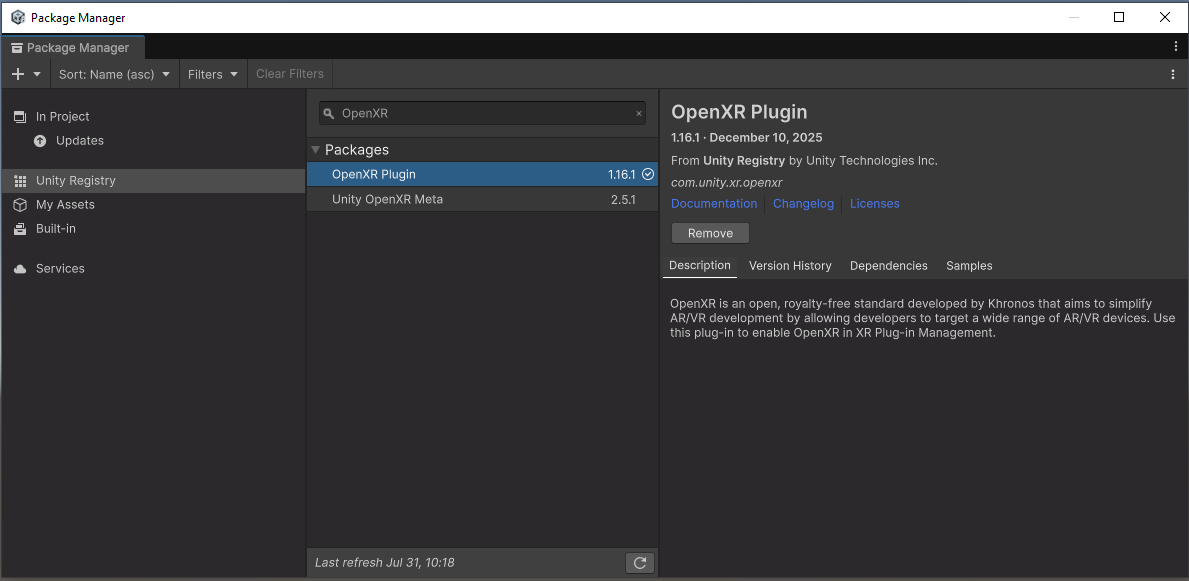 从 Unity Registry 安装 OpenXR Plugin
