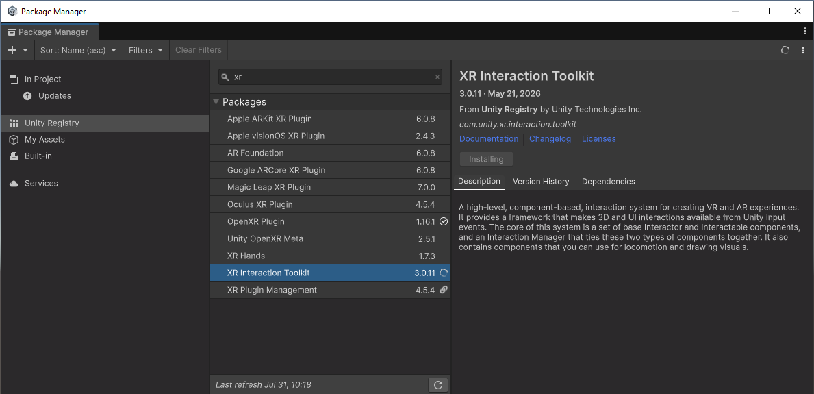 从 Unity Registry 安装 XR Interaction Toolkit