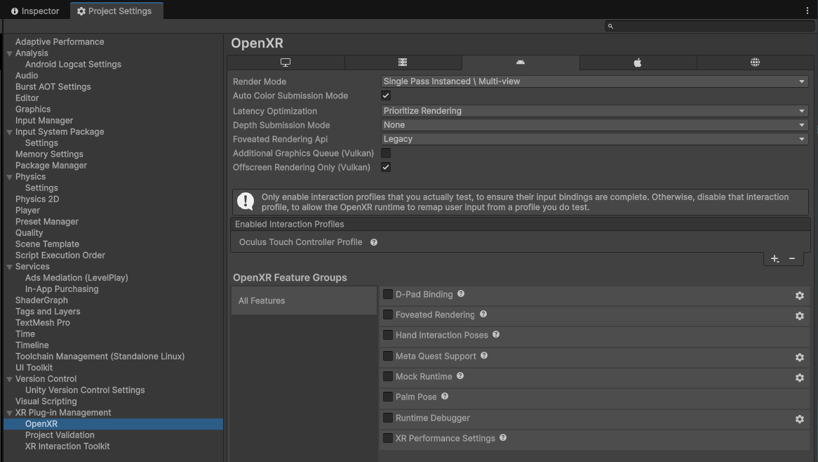 设置 OpenXR 的 Render Mode 与 Interaction Profiles