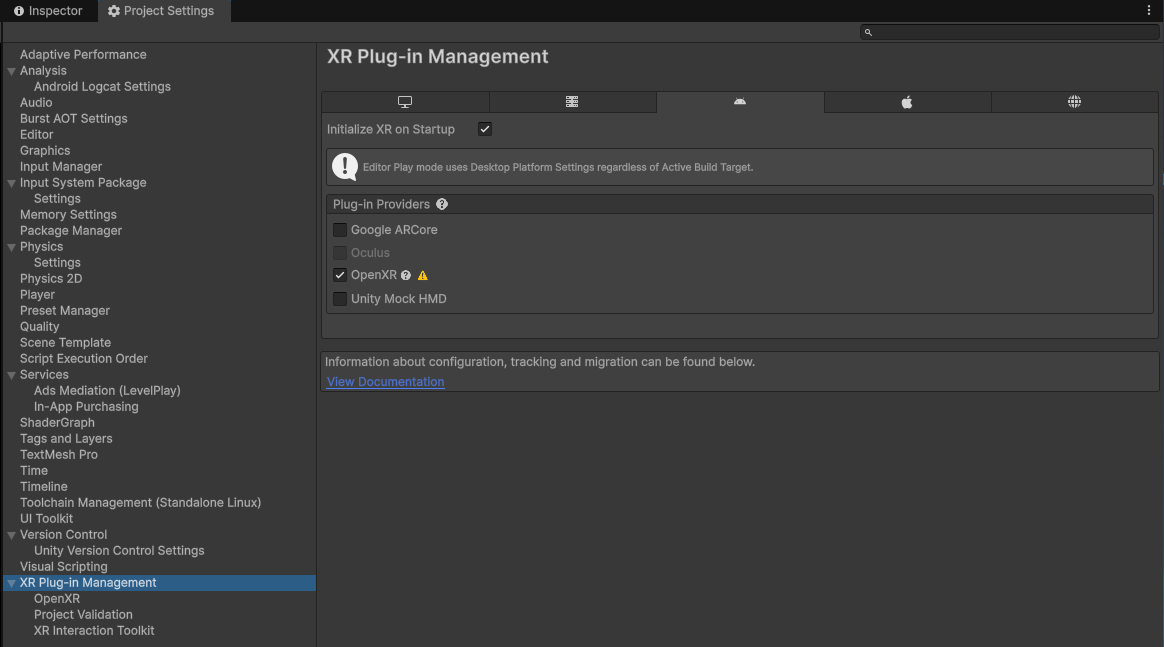 在 Android 平台勾选 OpenXR 与 Initialize XR on Startup