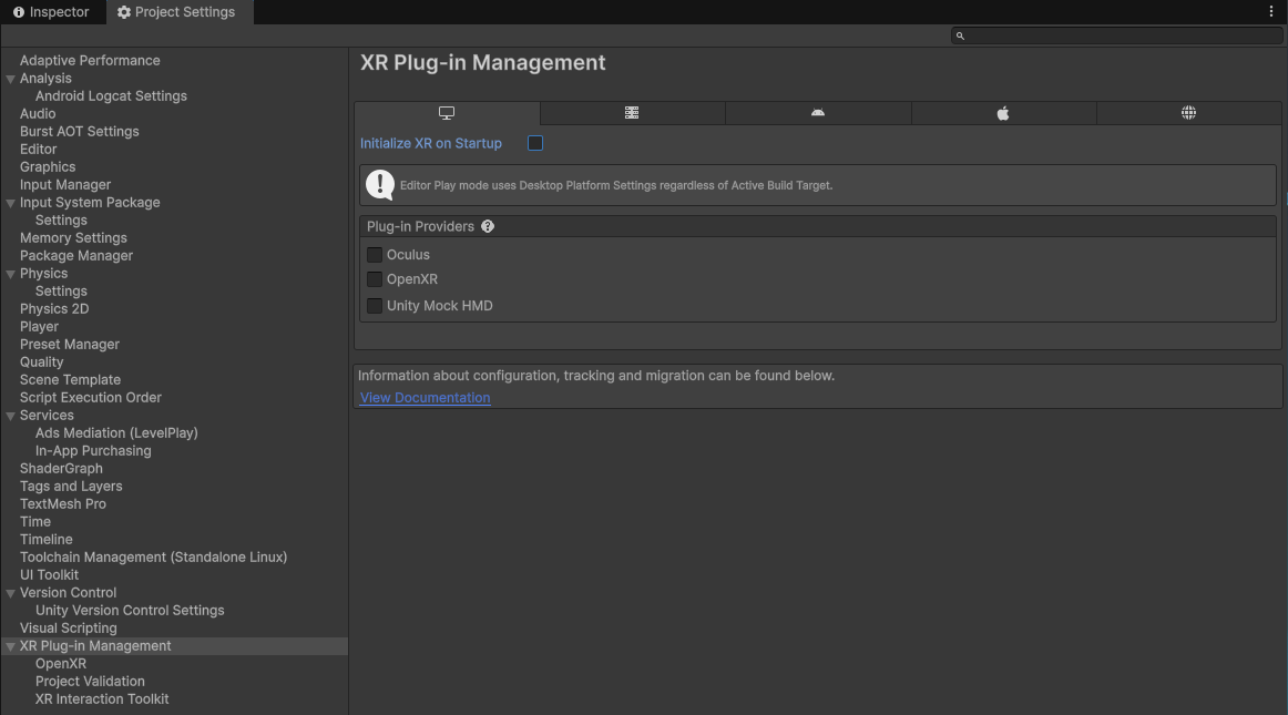 在 Desktop 平台不勾选 OpenXR 与 Initialize XR on Startup