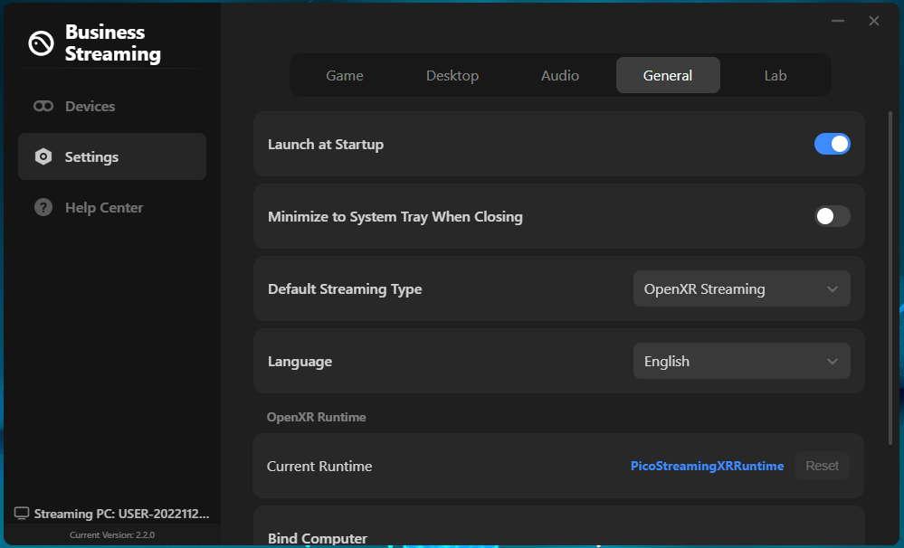 将 Business Streaming 的 Default Streaming Type 设为 OpenXR Streaming