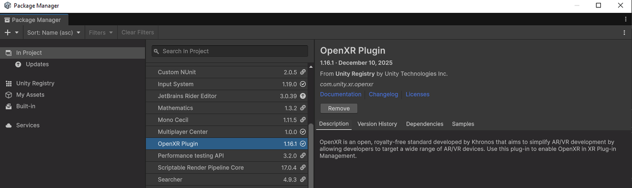 从 Unity Registry 安装 OpenXR Plugin