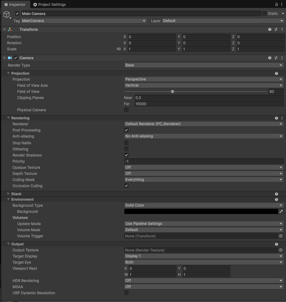 设置 XR Rig 下 Main Camera 的 Camera 组件属性