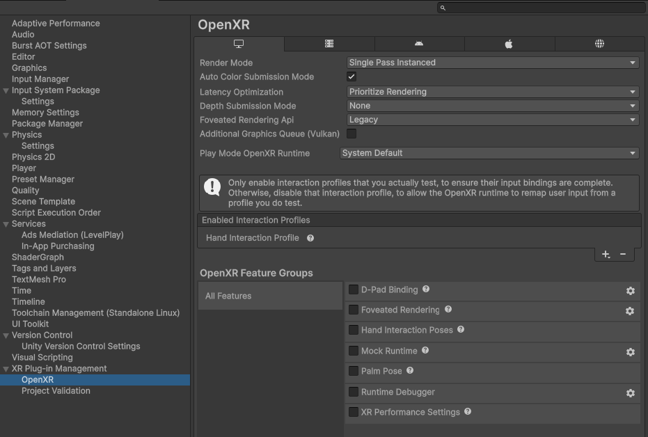 将 OpenXR 的 Render Mode 设为 Single Pass Instanced 或 Multi Pass