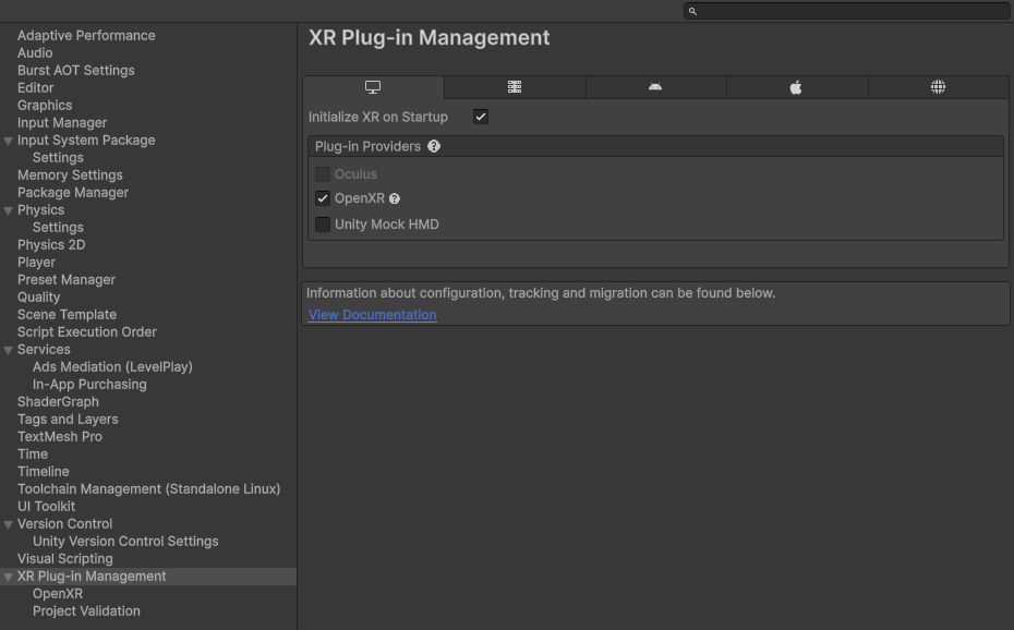 在 XR Plug-in Management 中勾选 Initialize XR on Startup 与 OpenXR