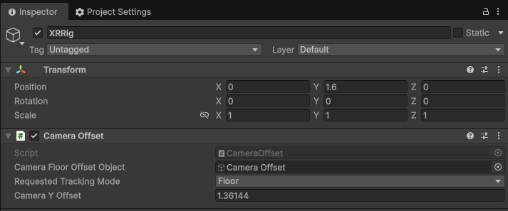 将 XR Rig 的 Camera Offset Request Tracking Mode 设为 Floor