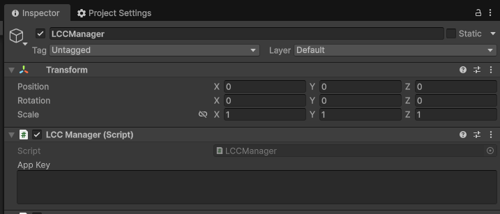 创建 LCCManager 游戏对象并添加 LCCManager 脚本