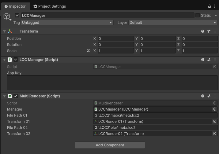 在 Inspector 中配置 MultiRenderer 脚本的引用与数据路径