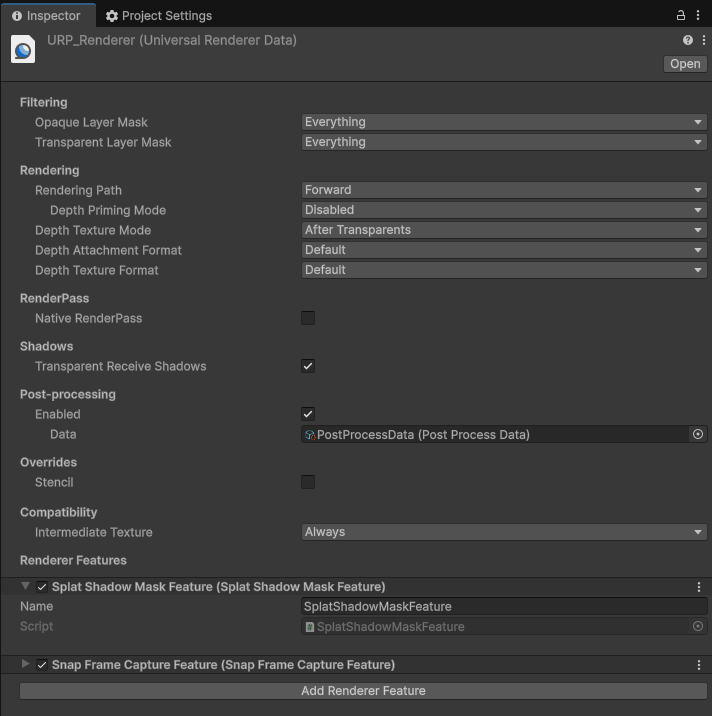 在 URP Renderer 中添加 Splat Shadow Mask Feature