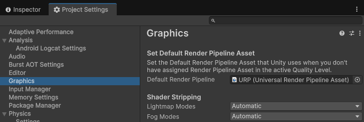 在 Graphics 设置中确认 Default Render Pipeline Asset