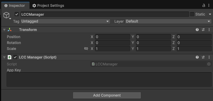 创建 LCCManager 游戏对象并添加 LCCManager 脚本