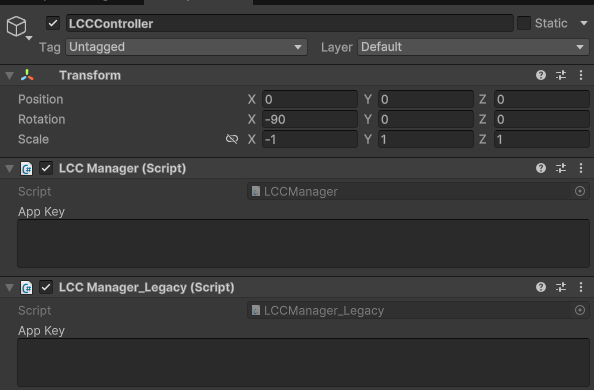 在 LCCController 对象上挂载 LCCManager_Legacy 和 LCCManager 组件