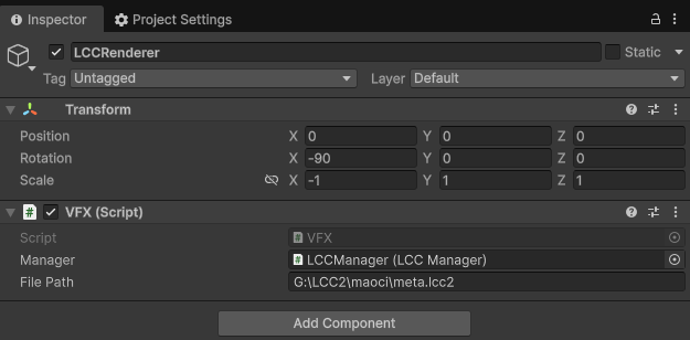 挂载 VFX 脚本并设置 Manager 与 File Path