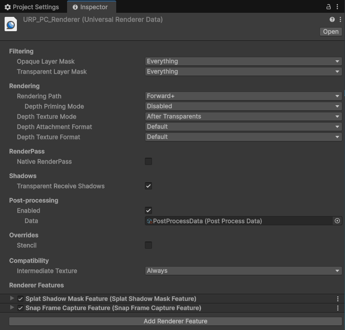 在 URP Renderer 中添加 Snap Frame Capture Feature