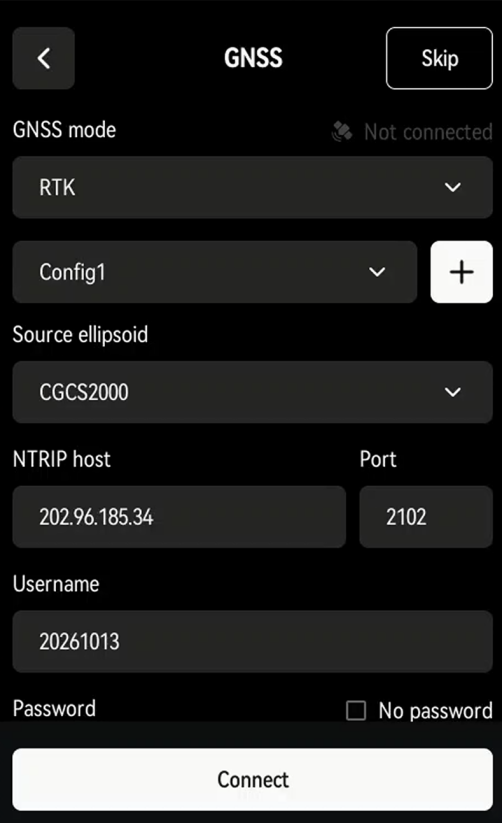 GNSS settings with a saved account selected