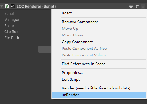 在 LCCRenderer 组件菜单中点击 unRender 停止渲染