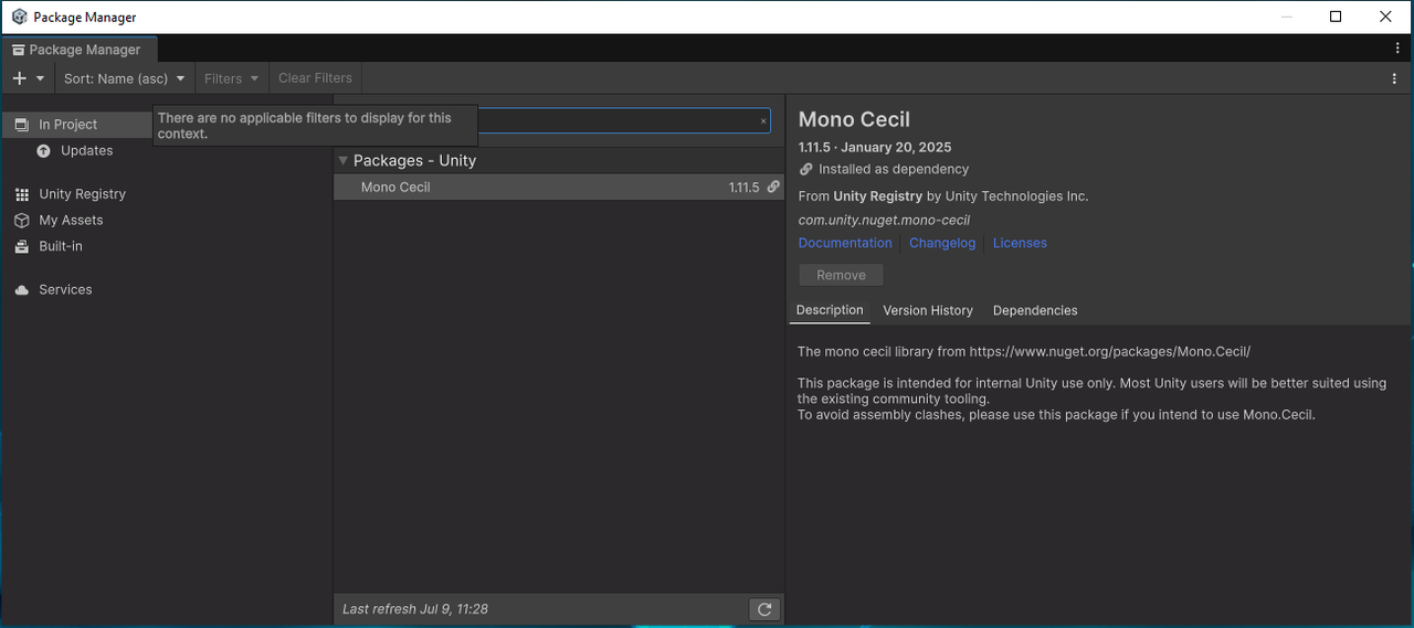 在 Package Manager 中通过名称添加 Mono.Cecil 依赖