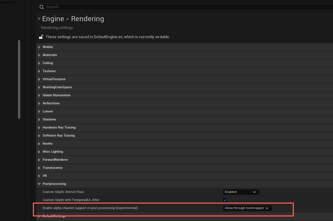 Post-processing alpha channel setting in UE 5.8