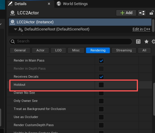 Check Holdout under the component's Rendering category